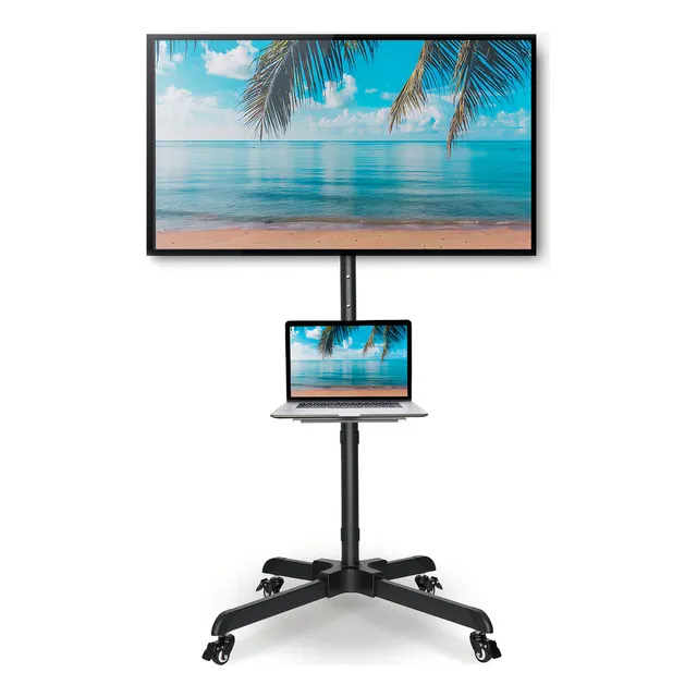Soporte para TV Movil con Ruedas y Base para Laptop, Televisiones 32-55 Pulgadas, Ajuste de Altura e Inclinación, para Oficina y Salones de Clases