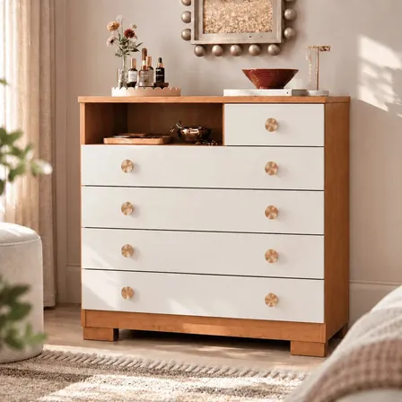 Cômoda 5 Gavetas Para Quarto Adulto Solteiro Com Nicho Pés Corrediças Telescópicas Multiuso Organizadora De Roupas Cor Nature Off White