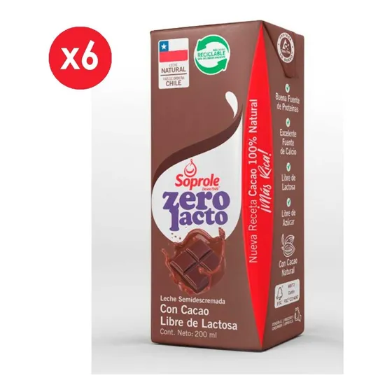 Soprole - 6 Leche Zerolacto Semidescremada Chocolate 200ml