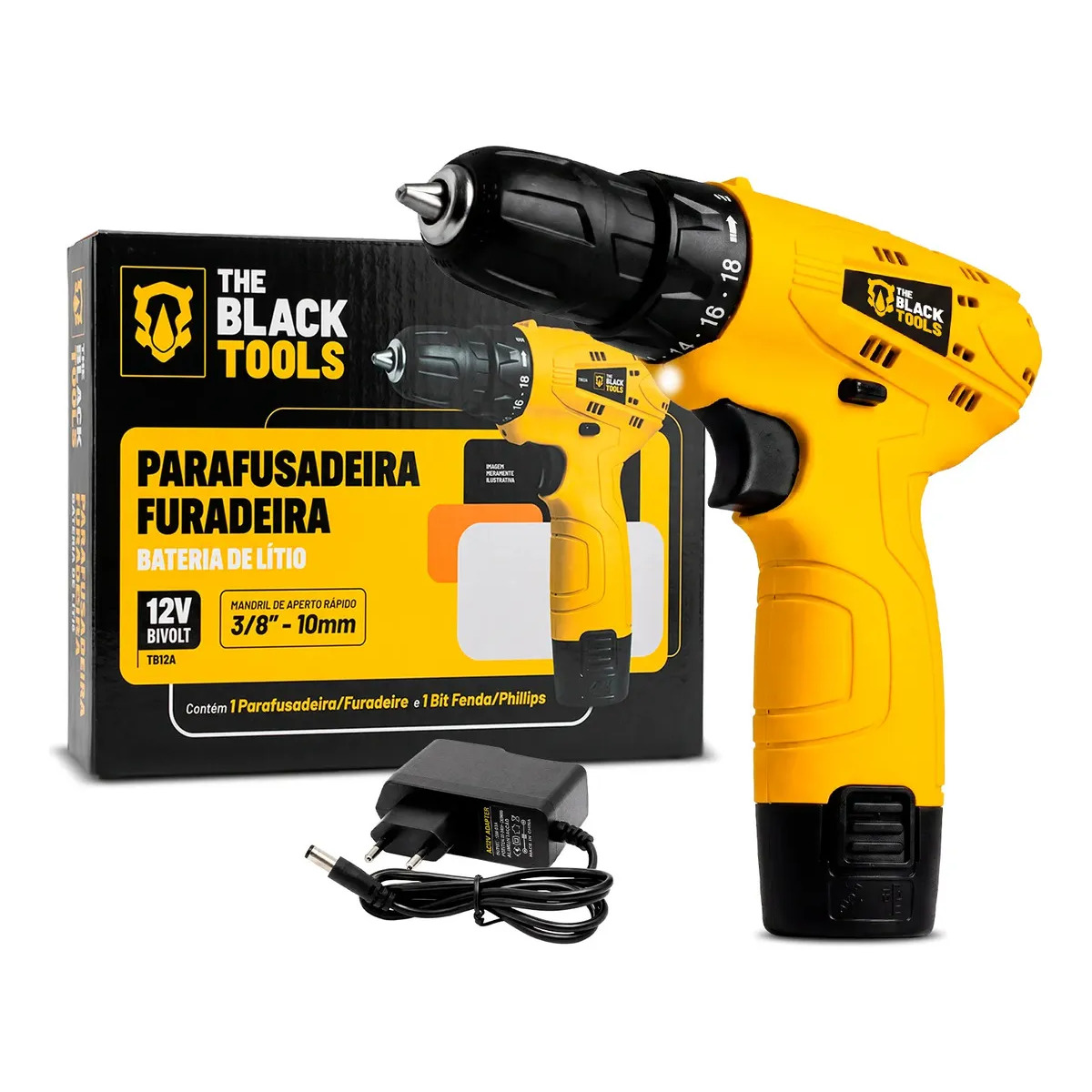 Parafusadeira Furadeira The Black Tools TB12A 3/8 a Bateria Cor Amarelo Frequência 60Hz Parafusadeira Furadeira The Black Tools TB12A 3/8 a Bateria Cor Amarelo Frequência 60Hz
