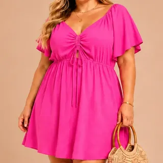 Vestido Plus Size Feminino Manga Bufante Cordão Ajustável
