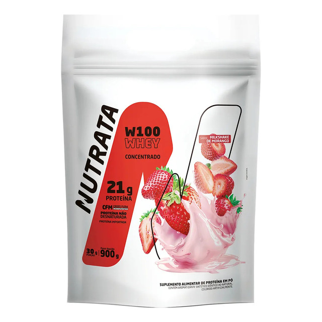 W100 Whey Concentrado Pouch 900g Morango Nutrata