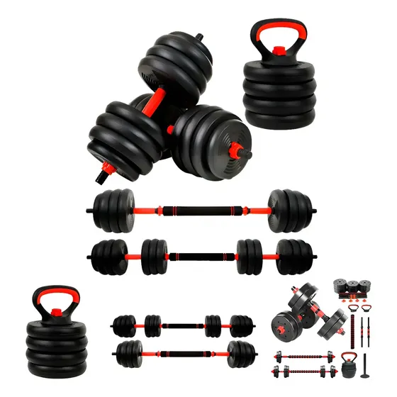 Roccia Prime Kit Halteres 6 Em 1 Peso Musculacao Até 40kg com barra, Ajustável Halter, Kettlebell, Anilha Cor Preto-vermelho