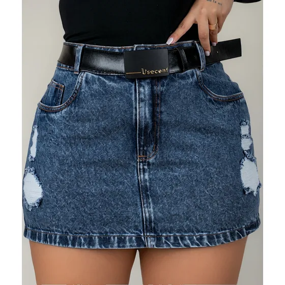 Saia Jeans Cintura Alta Plus Size Com Cinto Preto Feminina