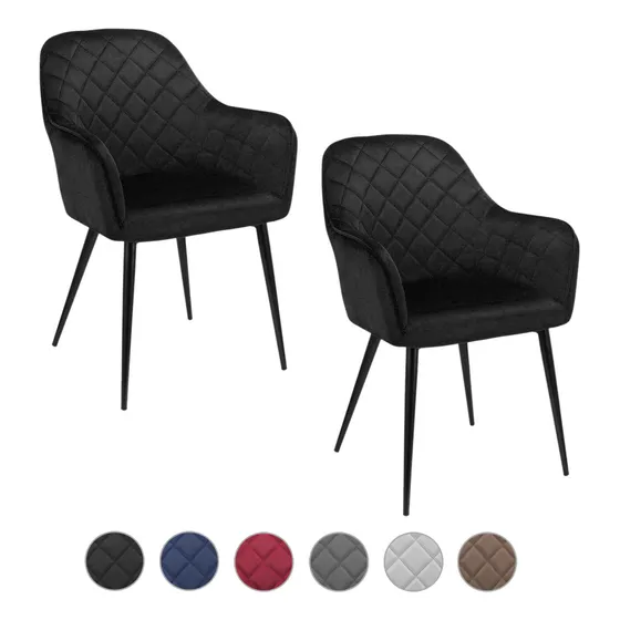 Set 2 Sillas Comedor Tapizadas Terciopelo Patas Negras Estructura De La Silla Negro Asiento Negro Diseño De La Tela Rombos