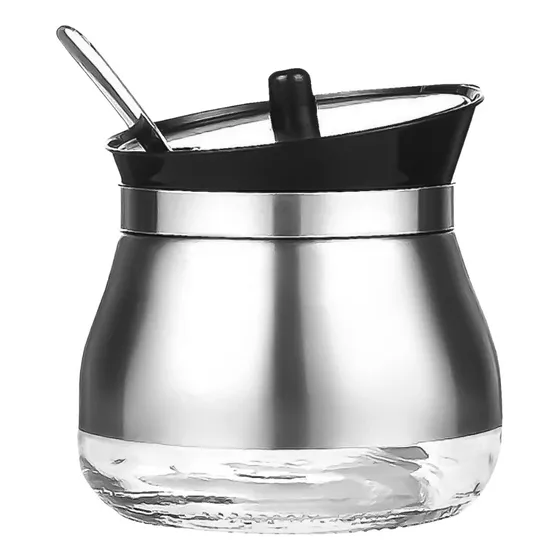 Yab - Açucareiro De Vidro E Inox C/ Tampa E Colher P/ Cozinha Gourmet De Mesa