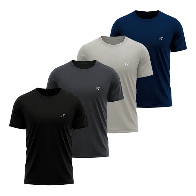 Kit com 4 camisetas masculinas Dry Fit da marca Parvori nas cores preto, chumbo, cinza e marinho dispostas em cascata.