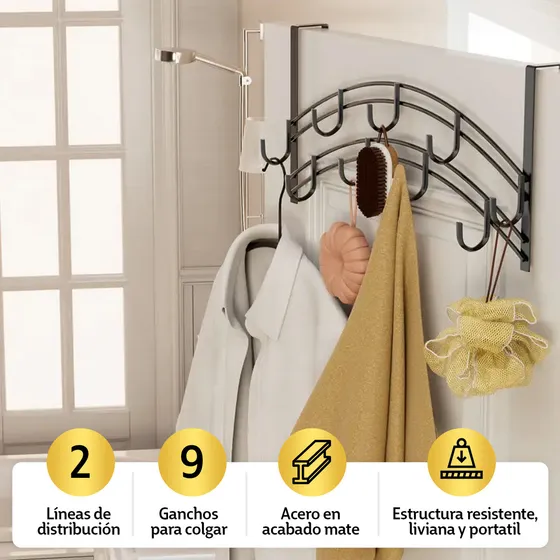 Perchero para Puerta 9 Ganchos Moderno colgante organizador Colgar Ropa Imback Color Negro