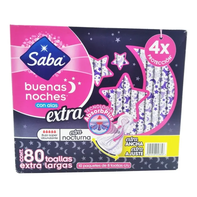 Toallas Femeninas Saba Buenas Noches Con Alas Extra 80 Pzs