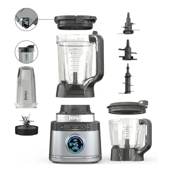 Licuadora y Procesador de Alimentos Ninja Detect 1700W BlendSense Auto-Ajusta Velocidad Jarra 72 oz + Bowl 64 oz + 2 Vasos Hielo, Salsas y Masas