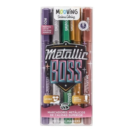 Marcadores Mooving Metallic Boss x 5 Colores Lavable Punta Redonda