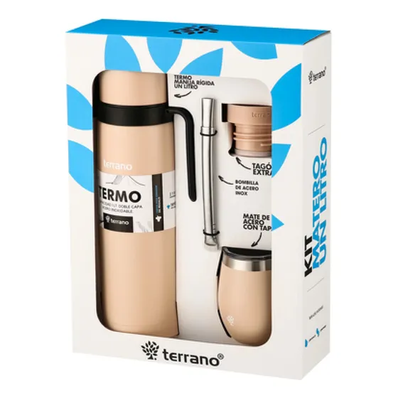 Kit Set Terrano 1lt Manija Rigida Termo, Mate Y Bombilla X3