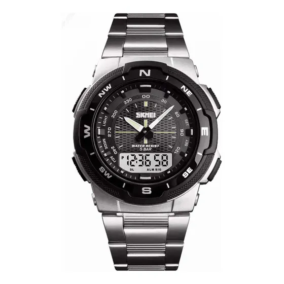Reloj pulsera Skmei 1370 con correa de acero inoxidable color plata - fondo negro/gris - bisel negro