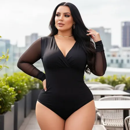 Blusa Body Cruzado Afina Cintura Plus Size Manga Tule Moda Preto 48/50