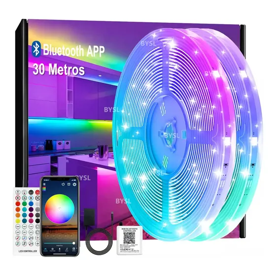 Fita LED BYSL 30m RGB 12V Bluetooth com Controle Remoto e App
