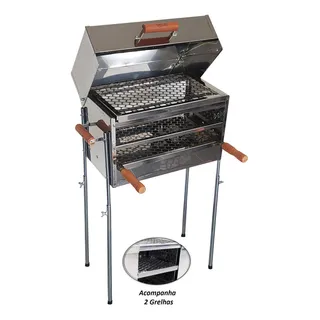 Churrasqueira Inox Média Espetinho 2 Grelhas C/ Tampa A Bafo Cor Prateado Churrasqueira Inox Média Espetinho 2 Grelhas C/ Tampa A Bafo Cor Prateado
