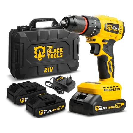 Furadeira Parafusadeira De Impacto Sem Fio 21v Motor Brushless 3/8 10mm Bivolt 02 Baterias The Black Tools Amarelo 127/220v