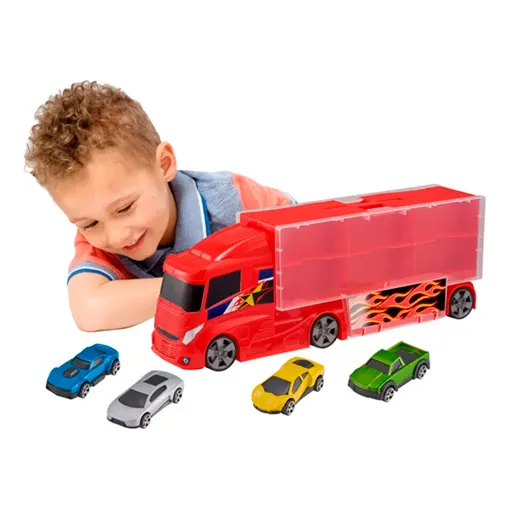 Camion Transportador Vehiculo + 4 Autos Metal Teamsterz 35cm Color Rojo