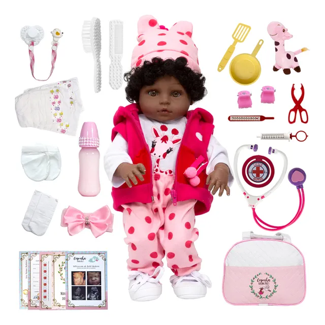 Boneca Reborn Pretinha Girafa Cabelo Cacheado Com Itens Luxo