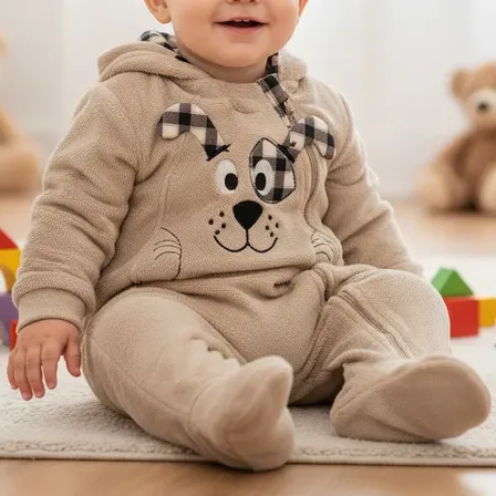 Macacão Bebê Plush Com Zíper Bordado Cachorro Capuz Menino