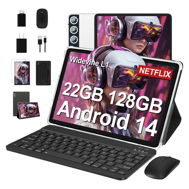 Tablet 10.1'' Android 14 22GB RAM 128GB ROM Wifi 5G Octa-Core Economicas Tablets con Widevine L1, 8000mAh, con Teclado Funda Mouse