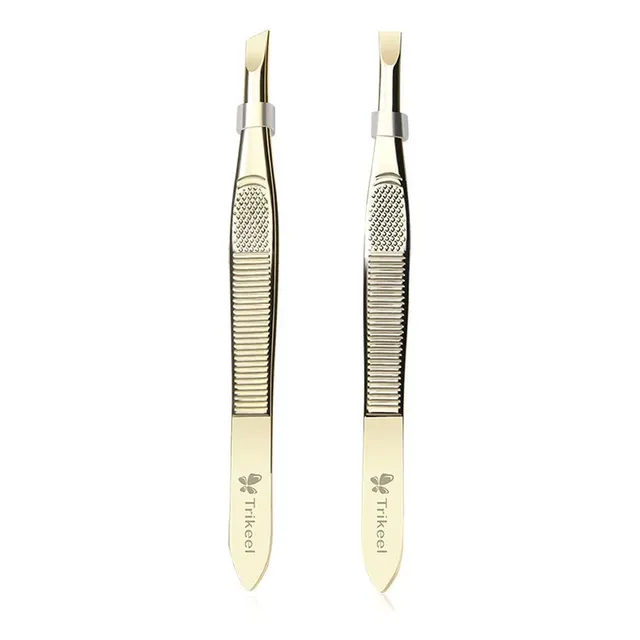 2 Pinzas Depilacion Cejas Acero Dorado Plano + Oblicuo