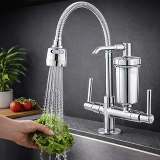 Torneira Com Filtro Gourmet De Cozinha 2 Jatos Flexível Forte Lar Metais Pia Bancada Prateado Cromado Brilhante