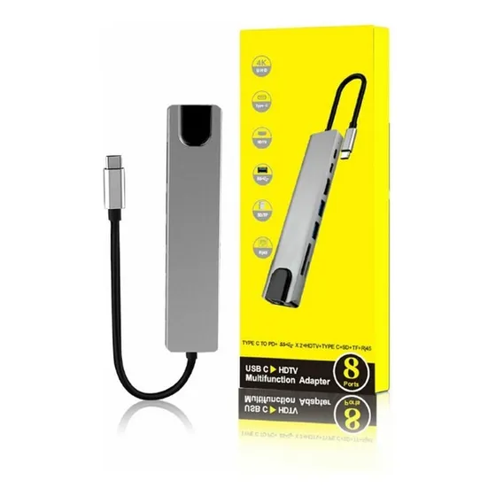 Cable Adap Tipo C / Hub Usb Lan Hdmi Lector Micro Sd 8 En 1 