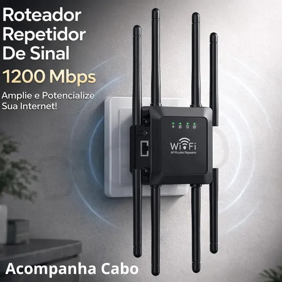 Repetidor De Sinal Roteador Wi-fi 8 Antenas Wireless 1200mbps Digno 2.4ghz E Amplificador Extensor Longo Alcance E Alta Performance Preto/branco