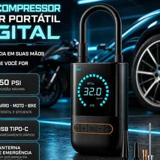 Compressor de Ar Digital Portátil Lumi, para Pneus de Carro, Moto e Bike, com Te