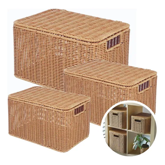 3 Cestos Caixa Organizador Tipo Vime Quarto Banheiro Rattan