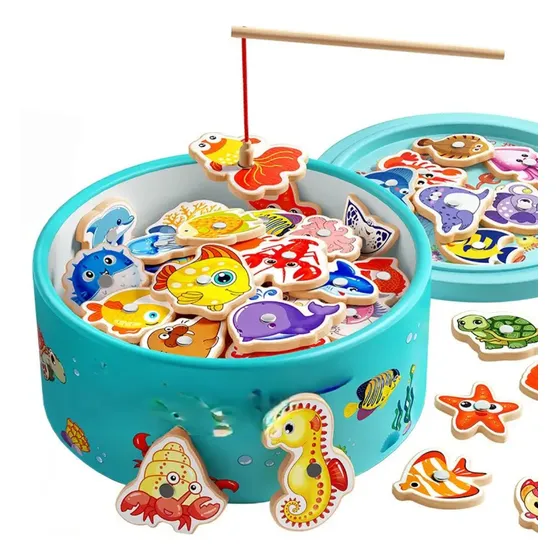 Juego De Pesca 38 Piezas Madera + 2 Cañas En Balde Juguete Color Multicolor