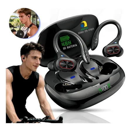 Fone de Ouvido JSKJ RE-S730-3 Sem Fio Esportivo TWS Bluetooth 5.4 Com Gancho Para Academia e Corrida Preto