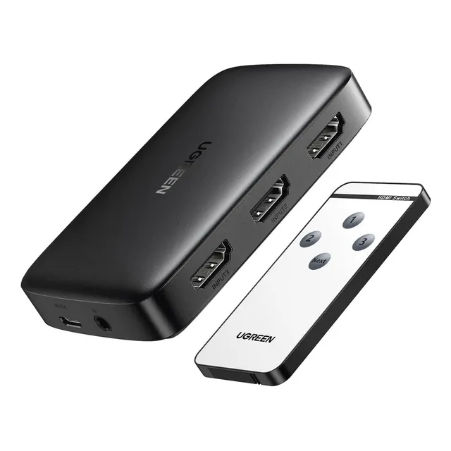 Conmutador HDMI Ugreen (Switch) 4K@30Hz 3 Entradas a 1 Salida 3D Transmisión Estable Incluye Control Remoto Receptor de Infrarrojos Indicador LED Chip Inteligente Incluye Cable Micro USB
