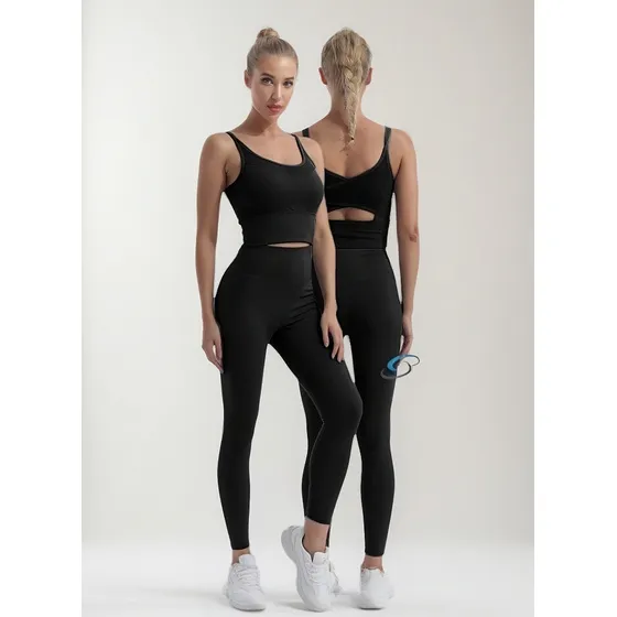 Leggins + Crop Top , Conjunto Deportivo Gym Correr 2 Pcs  Bk