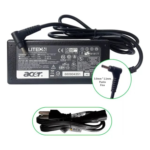 Cargador Acer - 19v 3.42a - 65w - Punta Fina - ! Color Negro