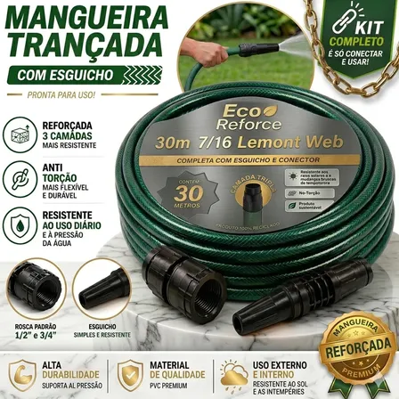 Mangueira Jardim 30m Metros Com Esguicho Trançada Reforçada Flexível 7/16 Anti Dobra Irrigação Quintal Poço Lavagem Durável Lemont web