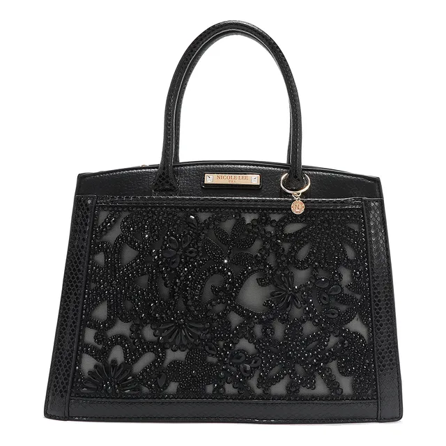 Bolsa Satchel Nicole Lee Elegante Diseño Pedrería Flores Acabado de los herrajes Níquel Color Negro Correa de hombro Negro Diseño de la tela Piel Vegana