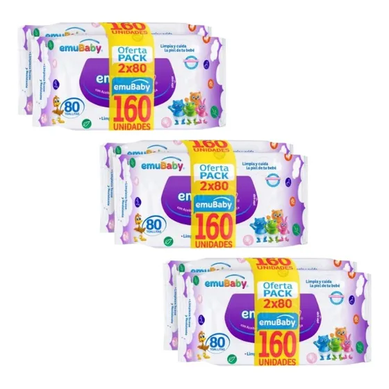 Toallitas Húmedas - Emubaby Sin Tapa 160und  Pack X3