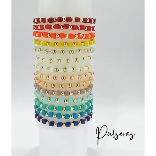 Pulsera De Cristal De Cubo Y Balines Dorados Cd:63842