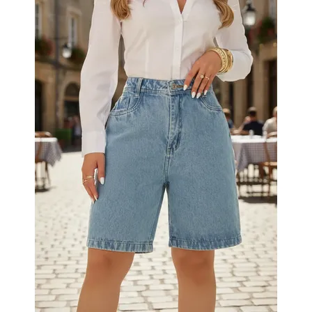 Bermuda Jeans Clara Feminina Cintura Alta Bolso Funcionais