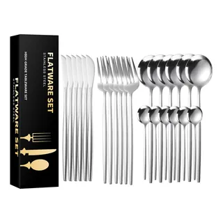 Conjunto De Talheres De Aço Luxo Inoxidåvel 24pcs Faqueiros Cor Prata Conjunto De Talheres De Aço Luxo Inoxidåvel 24pcs Faqueiros Cor Prata