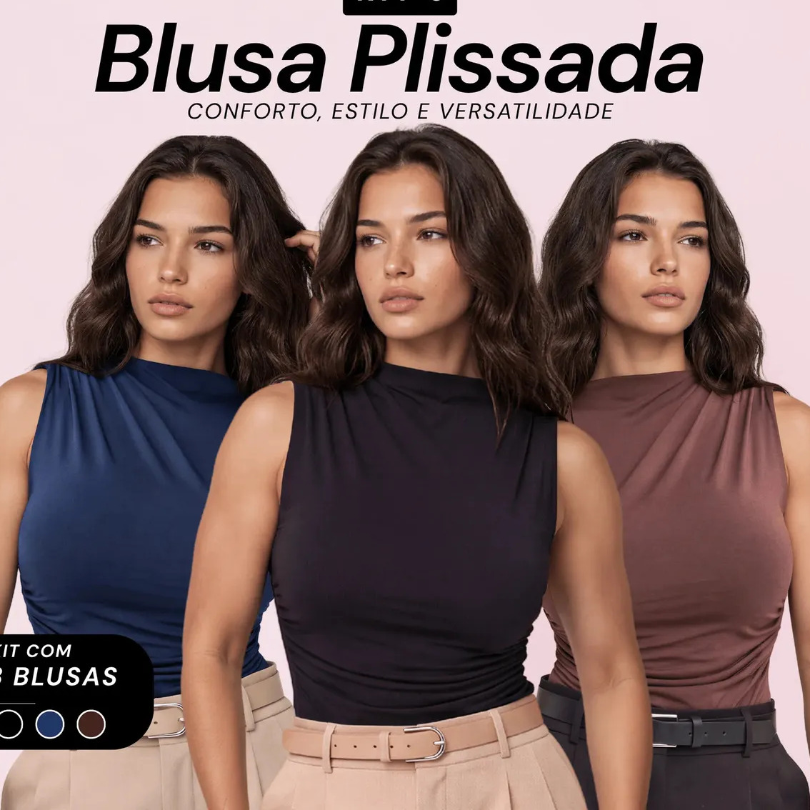 Kit 3 Blusa Feminina Regata Gola Alta Drapeada