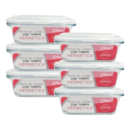 Kit Conjunto 6 Potes Vidro Hermético Marmita Tampa 370ml - Sayonara