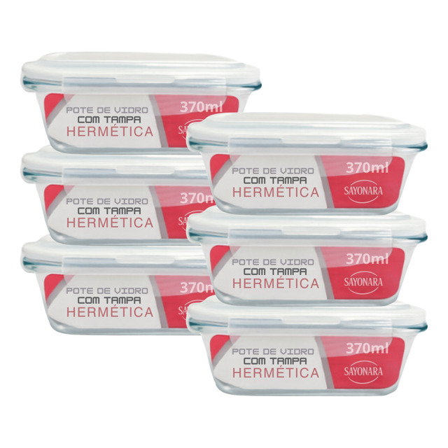 Kit Conjunto 6 Potes Vidro Hermético Marmita Tampa 370ml - Sayonara Transparente