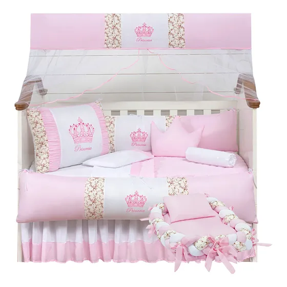 Kit Berço Coroa Rosa + Ninho Trançado Redutor Baby Cheio