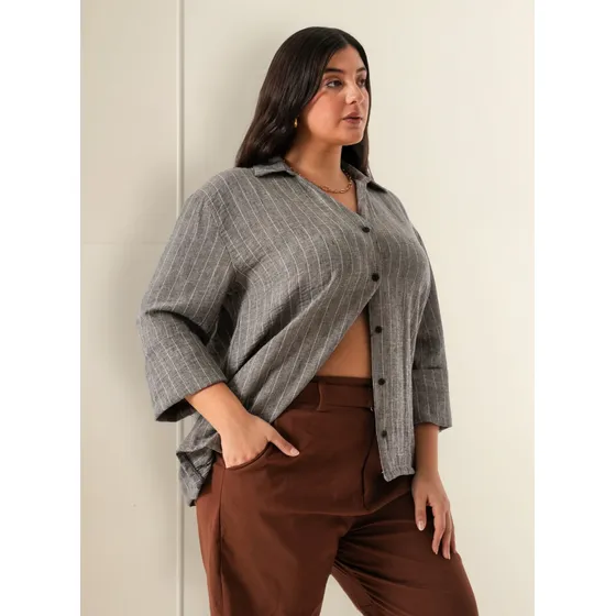 Camisa De Lino Rayado Moda Talles Grandes