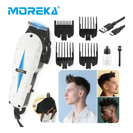 Moreka Maquina Para Cortar Cabello Y Barba Cortadora De Pelo Recargable Profesional Con 4 Peines Usb Aceite Y Cepillo Blanco