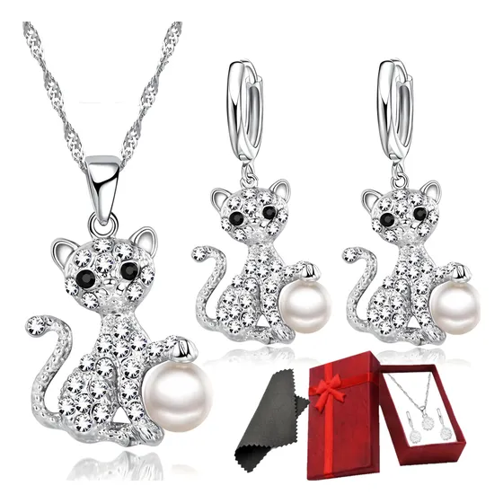 Juego Plata 925 Aretes Gato Kitty Aros Mujer Collar Colgante