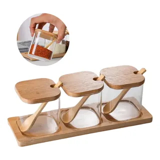 Jogo 3 Potes De Vidro Condimento Bambu Colher Suporte Kit Jogo 3 Potes De Vidro Condimento Bambu Colher Suporte Kit